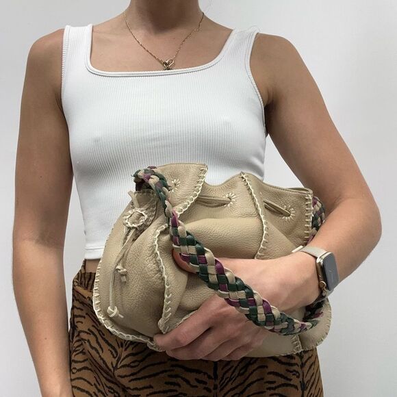 Valerie Steven’s Beige Leather Small Bucket Shoukder Bag Braided Leather Strap - Picture 1 of 16